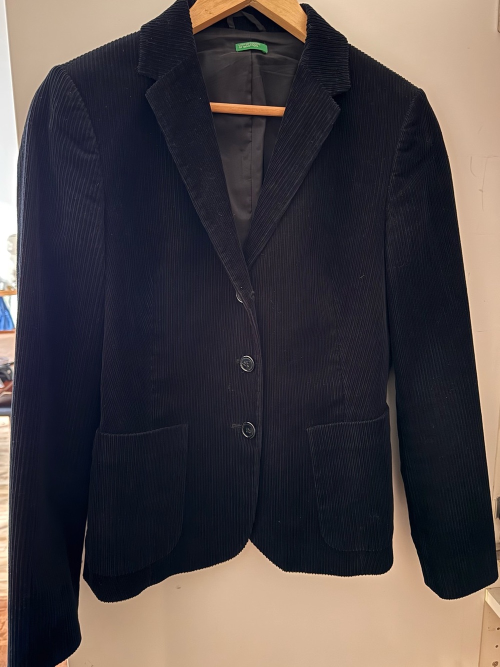 Vintage 90s Benetton Black Wide Wale Corduroy Blazer Made in Italy Small
